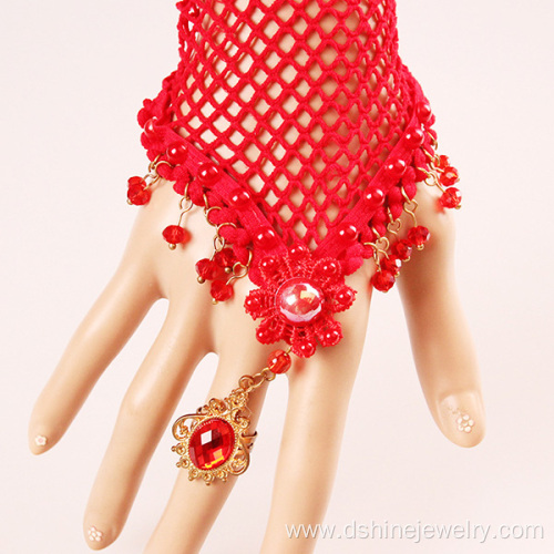 Red Crystal Beads Tassel Lace Bracelet Jewelry For Wedding